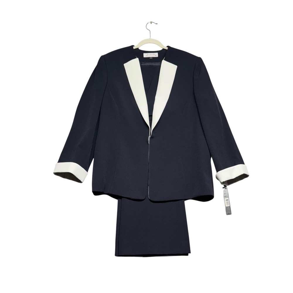 Tahari Arthur S Levine Blazer Jacket Pants Set Navy White Sz 18 Classic Work NWT